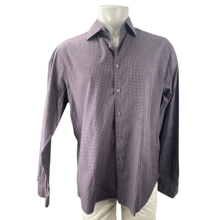 Bloomingdale's Mens Purple Checkered Long Sleeve Stretch Button Down Shirt Top L