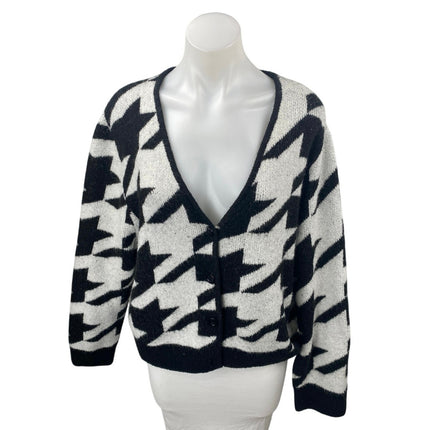 H&M Divided Black White Wool Houndstooth Long Sleeve Knit Cardigan Sweater Sz L