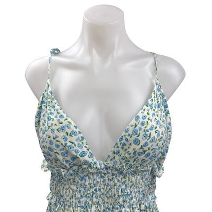 Zara Blue Linen Floral Sleeveless Smocked Mini Cami Camisole Tank Dress Size M