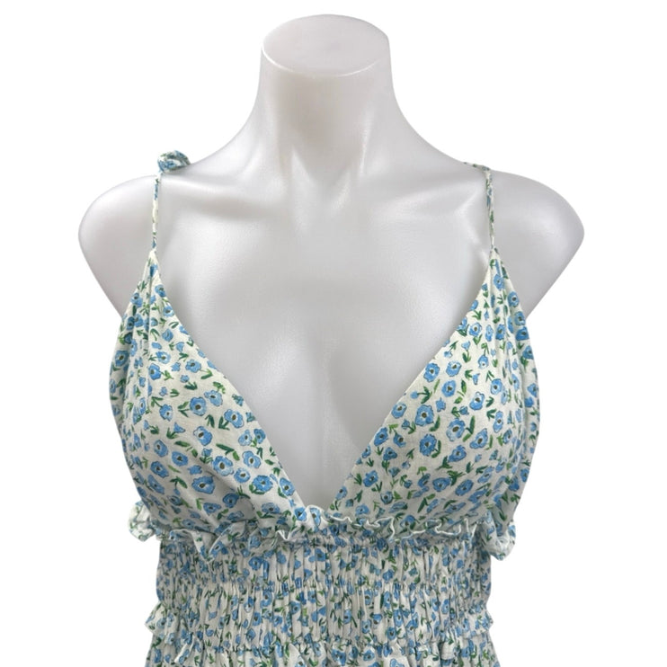 Zara Blue Linen Floral Sleeveless Smocked Mini Cami Camisole Tank Dress Size M