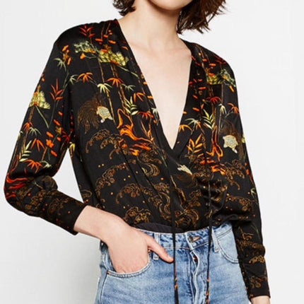 Zara Women's Black Tropical Print Tie Neck V Neck Long Sleeve Bodysuit Top Sz M