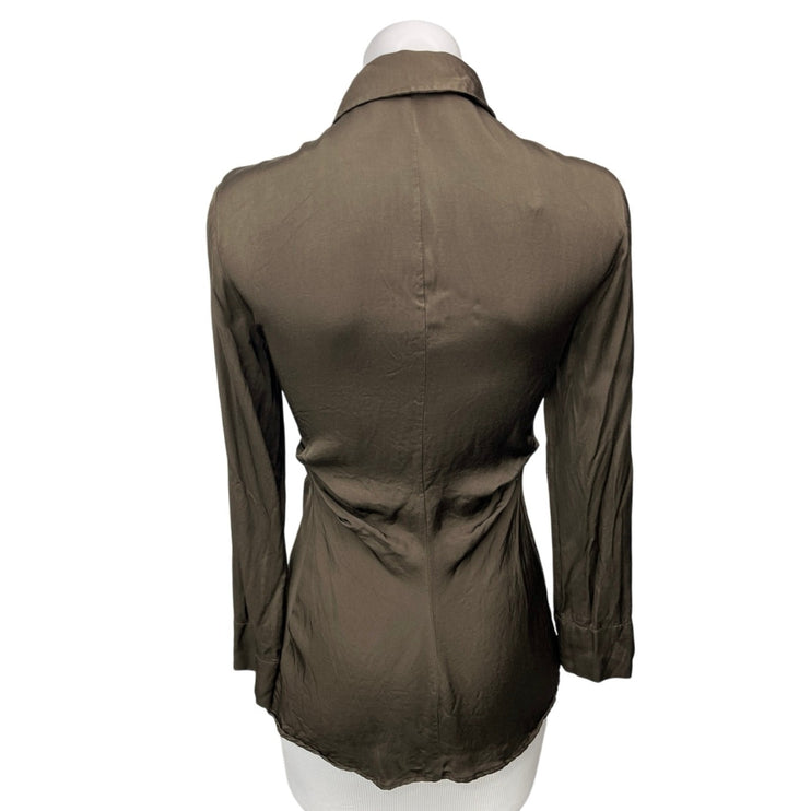 Zara Brown Satin Silk Keyhole Long Sleeve Fitted Button Down Shirt Top Size XS