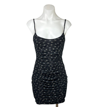 Daisy Street Black Floral Print Spaghetti Strap Ruched Mesh Bodycon Dress Sz XS