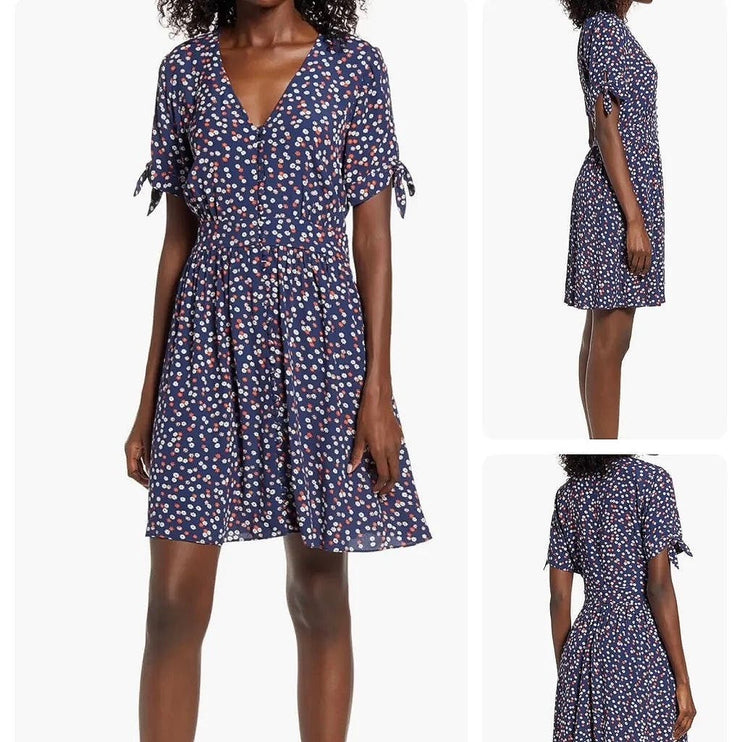 Madewell Women Navy Blue Daisy Floral Button Up Short Tie Sleeve Mini Dress Sz 4