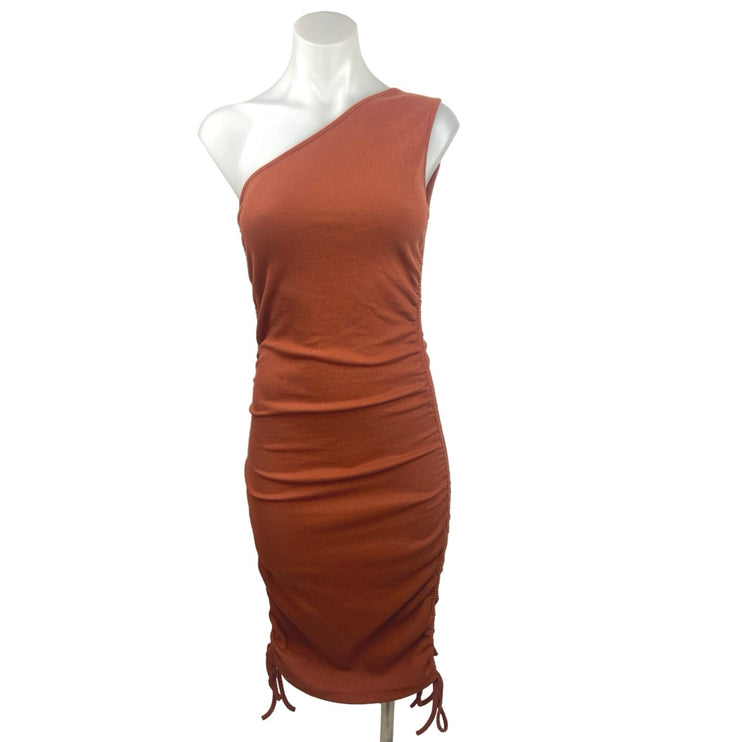 Shein Brown Ribbed Knit One Shoulder Sleeveless Mini Ruched Bodycon Dress Size L