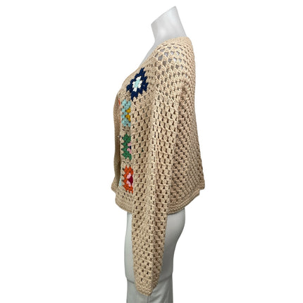 Aqua Beige Long Sleeves Open Knit Crochet Patchwork Cardigan Sweater Top Size M