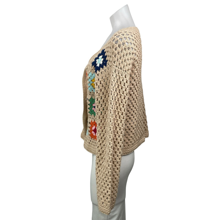 Aqua Beige Long Sleeves Open Knit Crochet Patchwork Cardigan Sweater Top Size M
