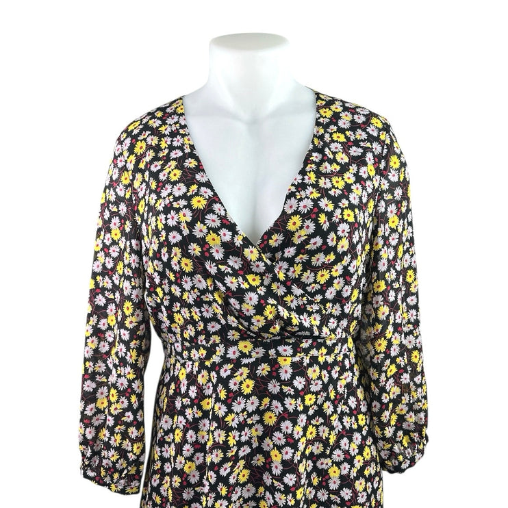 Madewell Black Yellow Floral Long Sleeve V Neck Faux Wrap A Line Maxi Dress 14