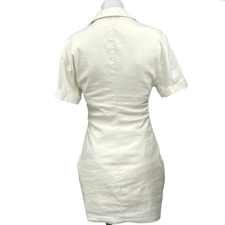 Zara White Linen Collared Short Sleeve Tie Keyhole Mini Bodycon Shirt Dress Sz M