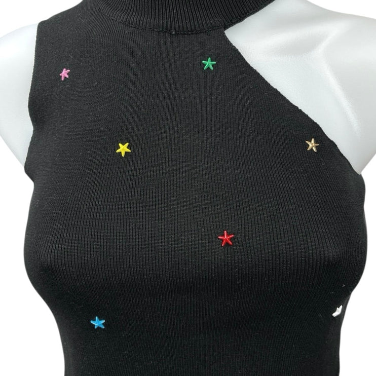 The Way Black Stars Beaded Sleeveless Asymmetric One Shoulder Crop Tank Top OS