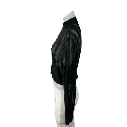 Black Mesh Sheer Striped Mock Neck Zip Up Long Sleeve Cropped Jacket Top Size M