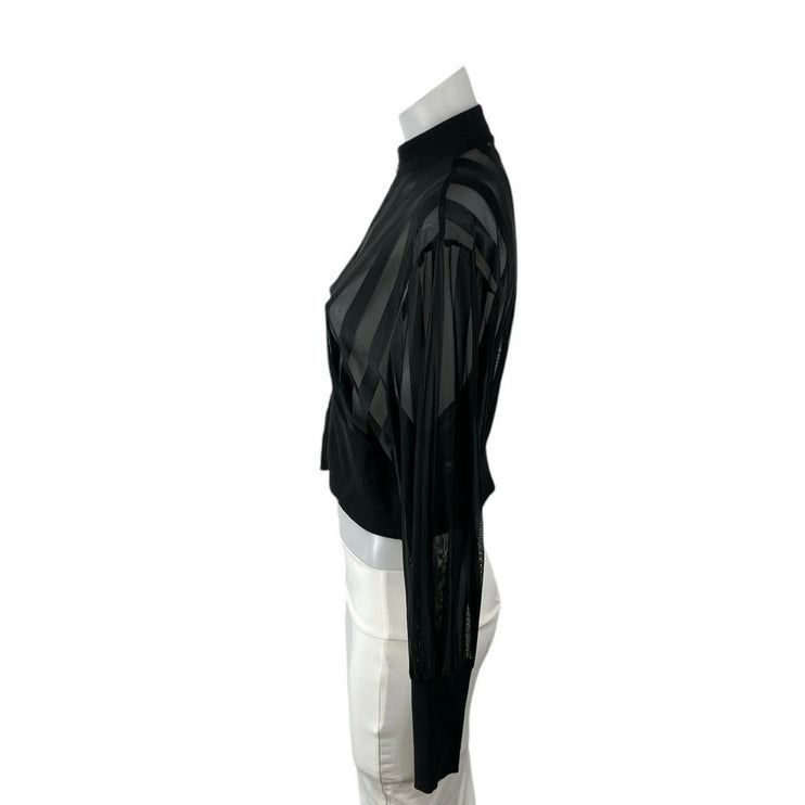 Black Mesh Sheer Striped Mock Neck Zip Up Long Sleeve Cropped Jacket Top Size M