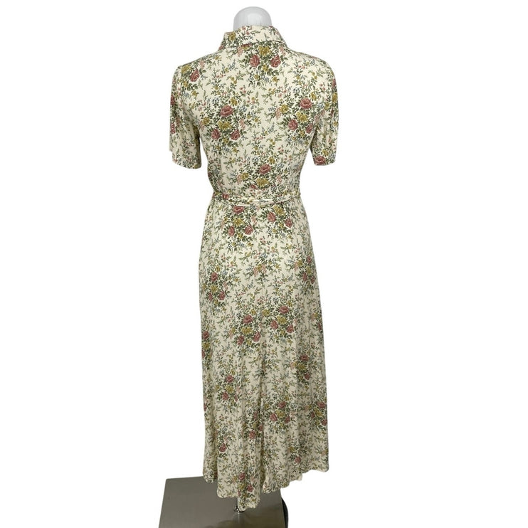 Zara Beige Floral Short Sleeve Belted Collared Shirt A Line Maxi Dress Size S