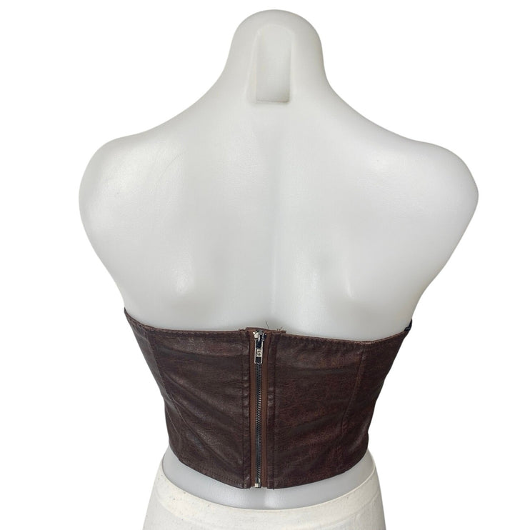 Shein Brown Strapless Belted Tube Faux Leather Vegan Corset Bustier Crop Top 2