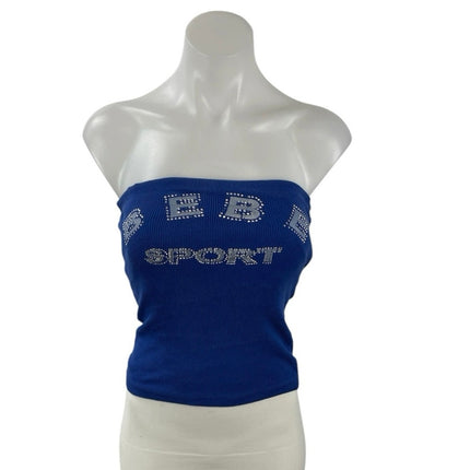 Bebe Sport Rhinestone Logo Blue Ribbed Strapless Y2K Bodycon Tube Bandeau Top S
