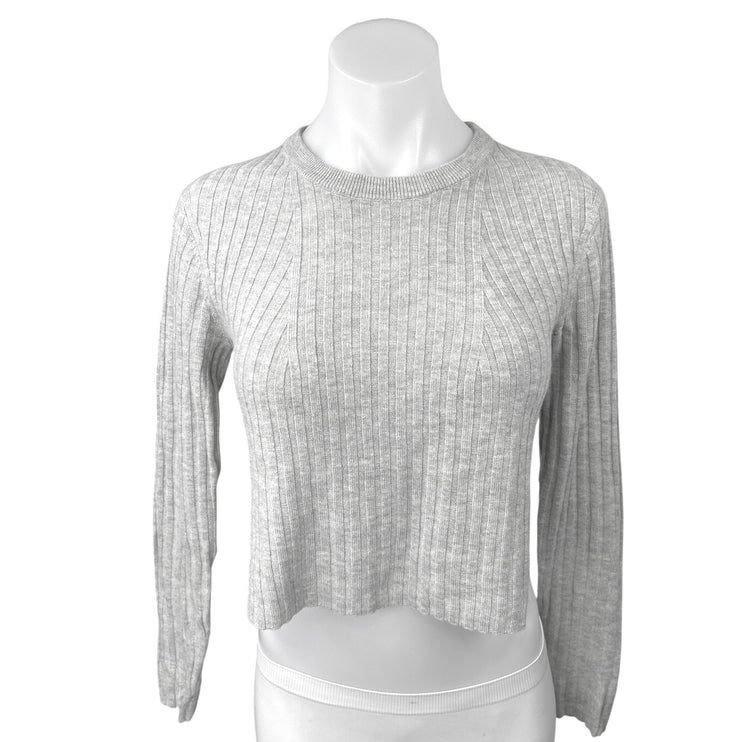 Aritzia Babaton Gray Wool Linen Ribbed Knit Crew Neck Crop Sweater Top Size S