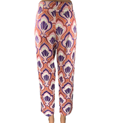 Zara Pink Multicolor Printed High Waist Straight Leg Slim Fit Trousers Pants 6
