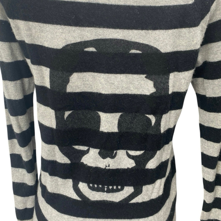 Aqua 100% Cashmere Black Gray Striped Skull print Long Sleeve Sweater Top Size S