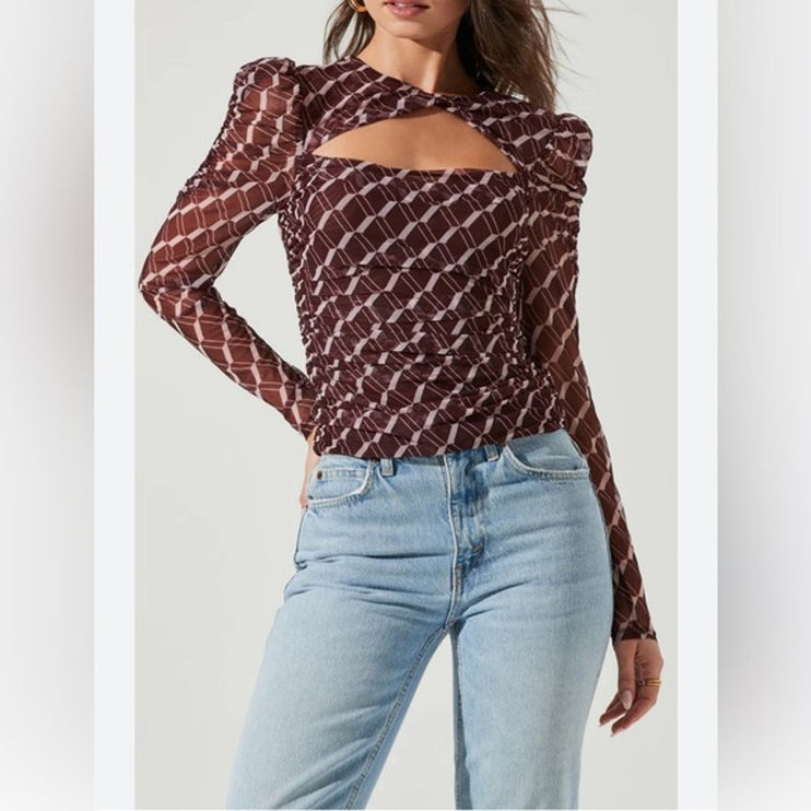 ASTR The Label Red Geometric Long Puff Sleeve Cutout Blouse Crop Top Size M
