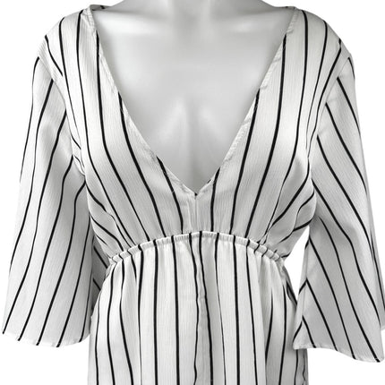 FAVLUX White Black Striped Half Bell Sleeve Deep V Neck Romper Shorts Size M