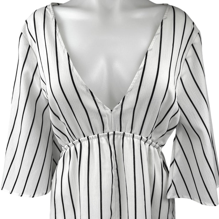 FAVLUX White Black Striped Half Bell Sleeve Deep V Neck Romper Shorts Size M