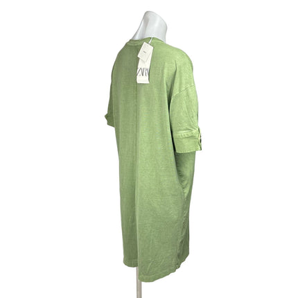 Zara NWT Green Cotton Cuffed Short Sleeve Crew Oversized T-Shirt Midi Dress Sz S