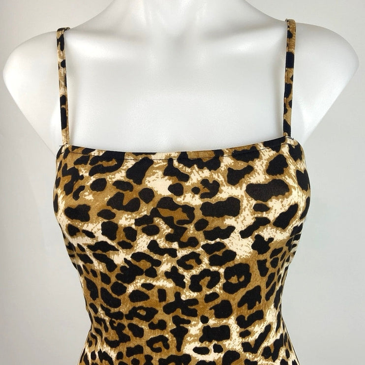 Shein Brown Black Leopard Print Spaghetti Strap Square Neck Bodycon Mini Dress M