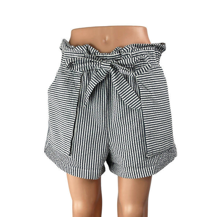 Zara Women's Black White Stripes High Rise Tie Belt Mini Paperbag Shorts Size L