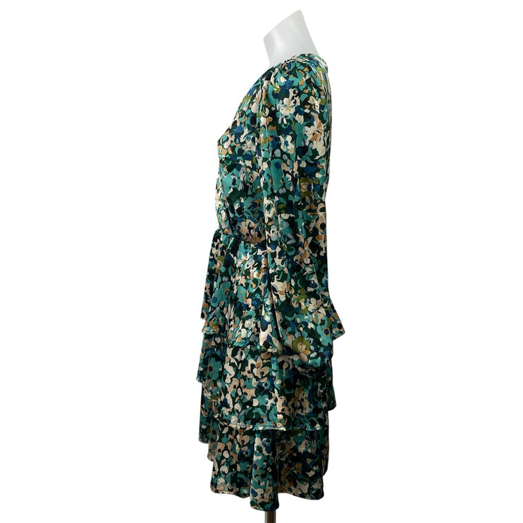 Nicole Miller Green Floral Long-Sleeve Faux Wrap Tiered Mini Fit & Flare Dress S