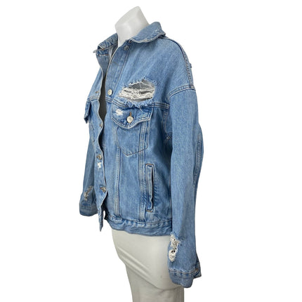 Topshop Women's Blue Distressed Long Sleeve Button Down Denim Jean Jacket Size 2