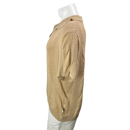 Urban Outfitters Men's Beige Short Sleeves Open Knit Striped Polo Sweater Top L