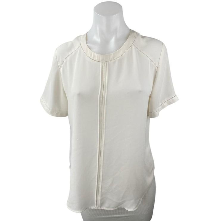 Ann Taylor Women's White Pintucked Short Sleeve Crew Neck Blouse Top Size S `