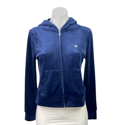 Juicy Couture Women's Blue Velvet Velour Full Zip Hoodie Hooded Sweatshirt Top S