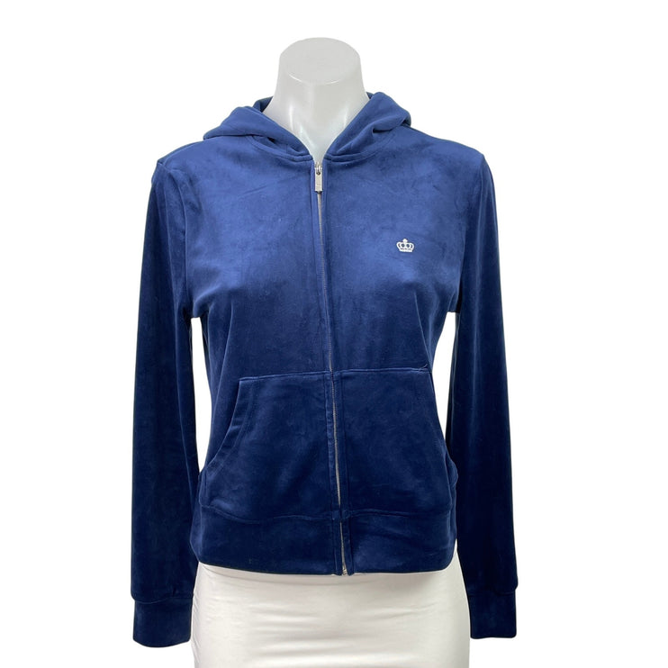 Juicy Couture Women's Blue Velvet Velour Full Zip Hoodie Hooded Sweatshirt Top S