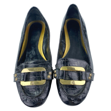 Ralph Lauren Women's Black Gold Logo Croc Leather Chain Slip On Loafers Shoes 6M
