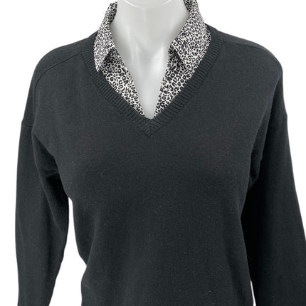 Adrianna Papell Black Leopard Animal Print Long Sleeve Sweater Shirt Top Size M