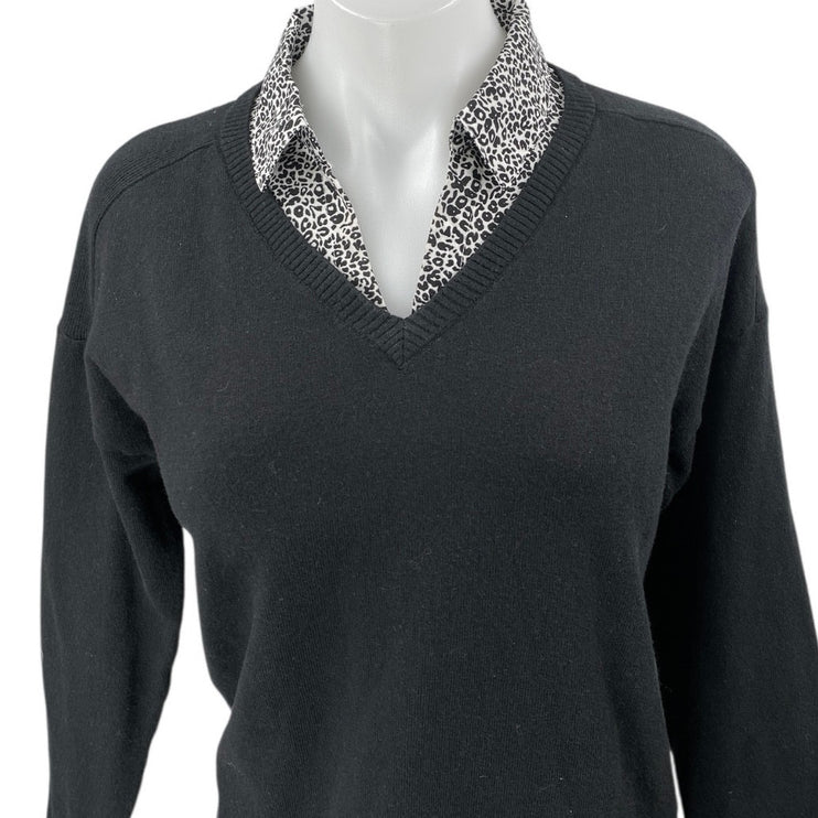 Adrianna Papell Black Leopard Animal Print Long Sleeve Sweater Shirt Top Size M