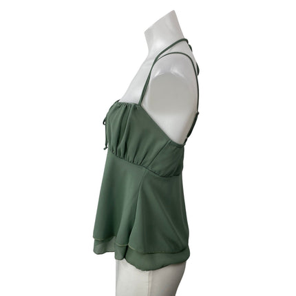 Hazel Botique Women's Olive Green Ruched Tie Front Halter Peplum Camisole Top S