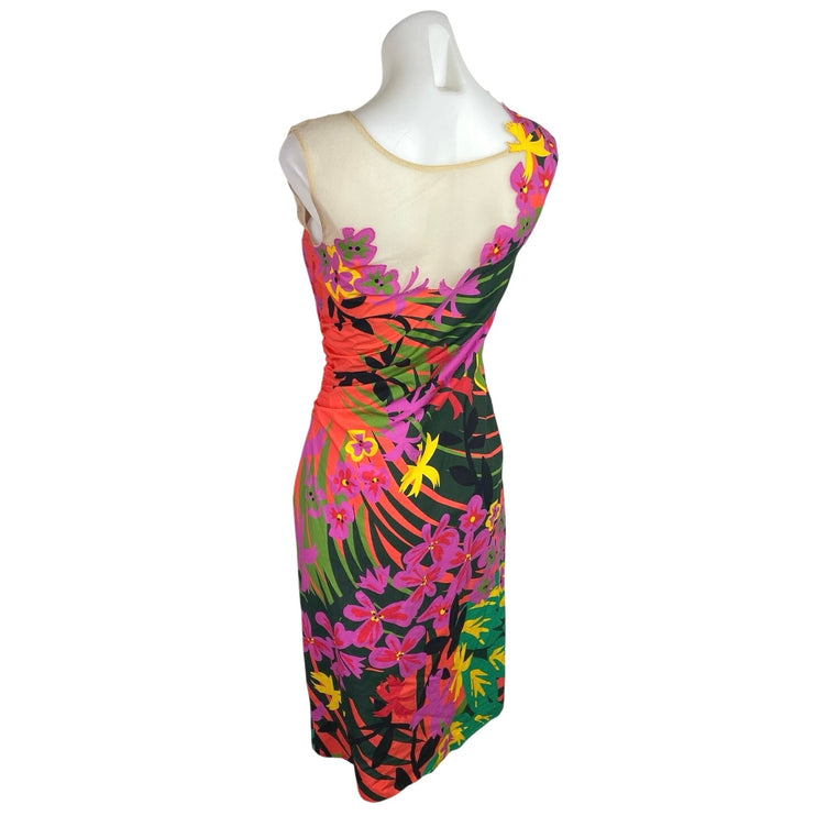 Alberta Ferretti Multicolor Floral Sleeveless Ruched Midi Tank Sheath Dress Sz 4