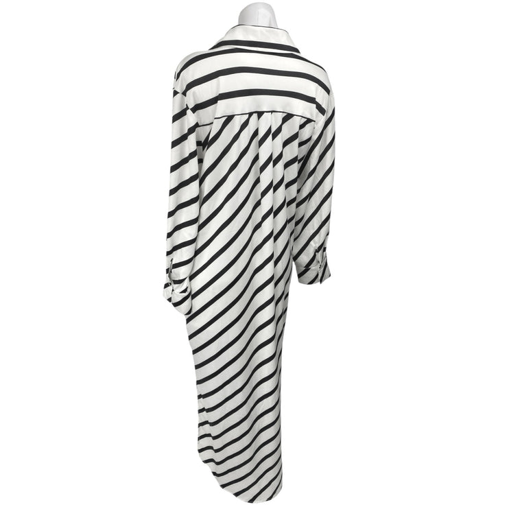 Eloquii Black White Striped Long Sleeve Slit Belted Button Maxi Shirt Dress 14