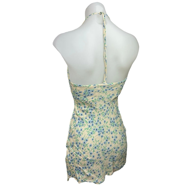 Zara Yellow Blue Floral Cowl Neck Halter Strap Summer Mini Bodycon Dress Size XS