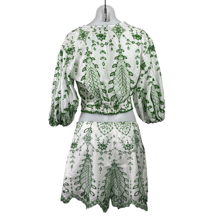 Zara Womens White Green Embroidered Knot Front Crop Top & Shorts Coord Set Sz S