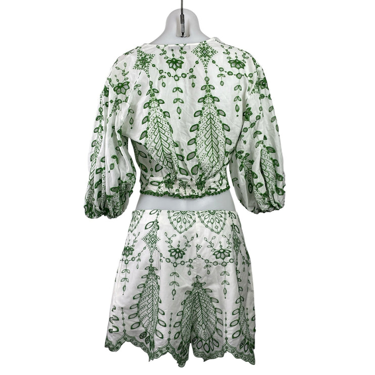 Zara Womens White Green Embroidered Knot Front Crop Top & Shorts Coord Set Sz S
