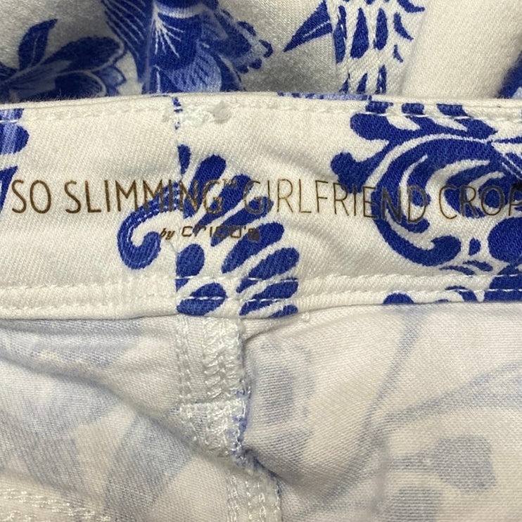 Chico's So Slimming Girlfriend Crop Blue White Paisley Floral Denim Jeans Size 0