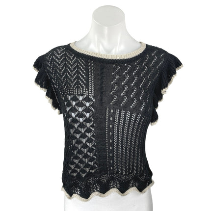 Bluivy Women's Black Open Crochet Knit Ruffle Short Sleeve Sweater Top Size L