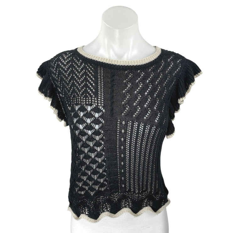 Bluivy Women's Black Open Crochet Knit Ruffle Short Sleeve Sweater Top Size L