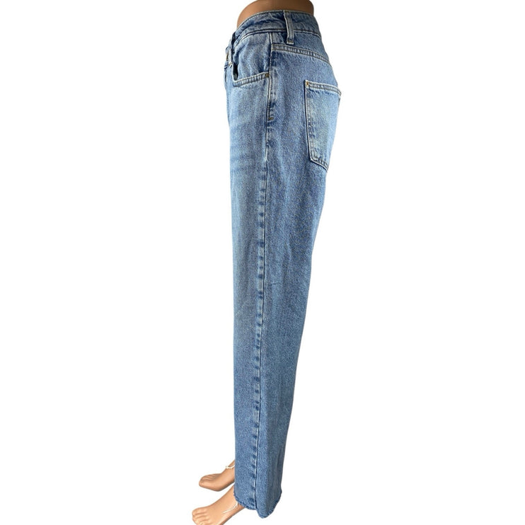 Zara Women's Blue High Rise Straight Wide Leg Frayed Raw Hem Denim Jeans Pants 6
