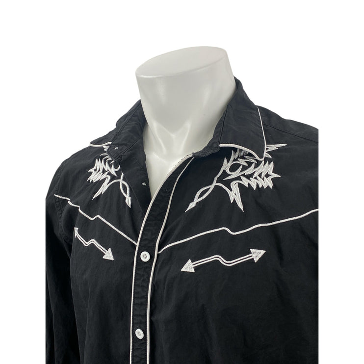 Coofandy Mens Black Embroidered Western Long Sleeve Button Down Shirt Top Size L