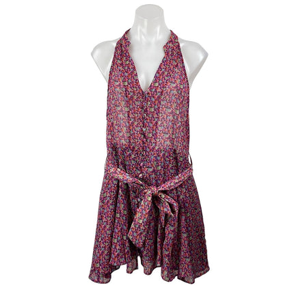 Zara Women's Pink Floral Sleeveless Tie Waist Sheer Halter A-line Mini Dress XL