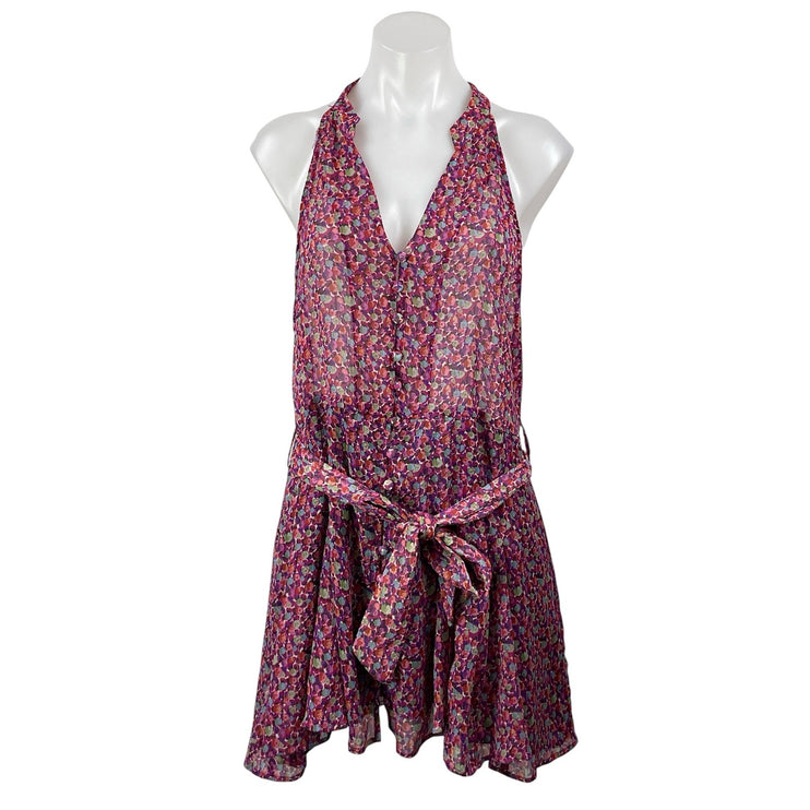 Zara Women's Pink Floral Sleeveless Tie Waist Sheer Halter A-line Mini Dress XL